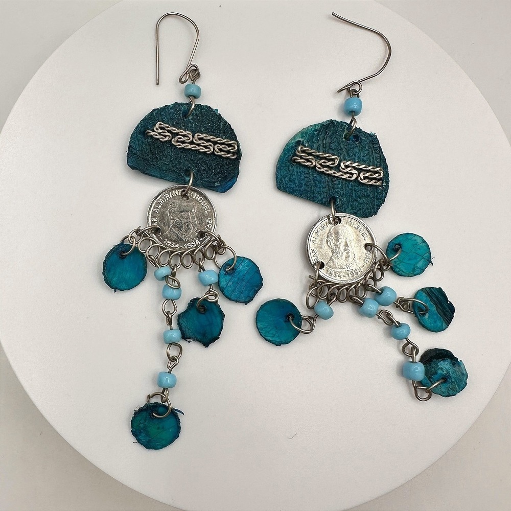 Vintage 80s Silver Tone Coin Charm Beaded Dangle Earrings Boho Women's Jewelry